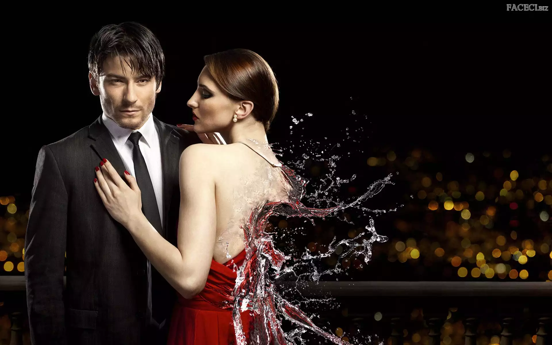 Kobieta, Mężczyzna, Czerwona, Suknia, Woda, Tło rozmyte
