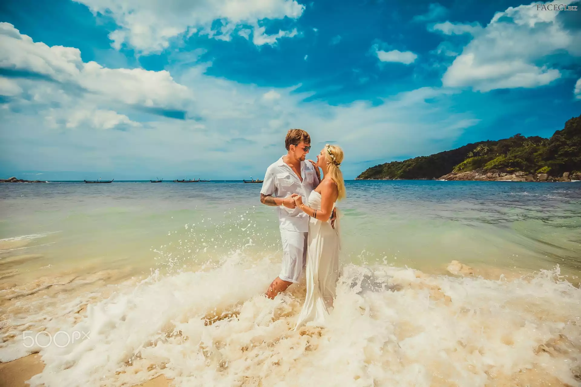 Morze, Kobieta, Las, Klif, Mężczyzna, Fala